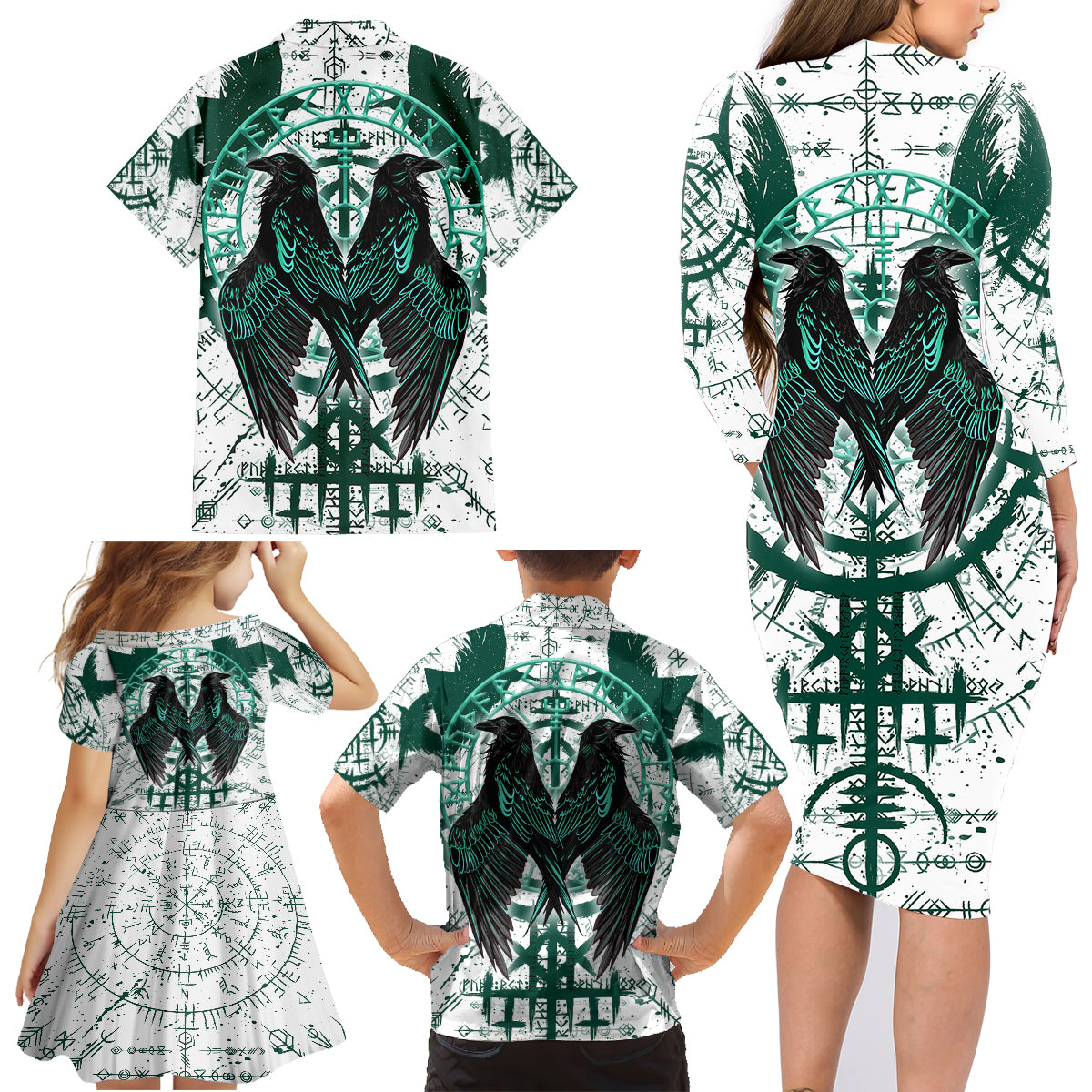 Winged Wisdom Of Viking Family Matching Long Sleeve Bodycon Dress and Hawaiian Shirt Hugin, Munin, and the Vegvisir - Wonder Print Shop