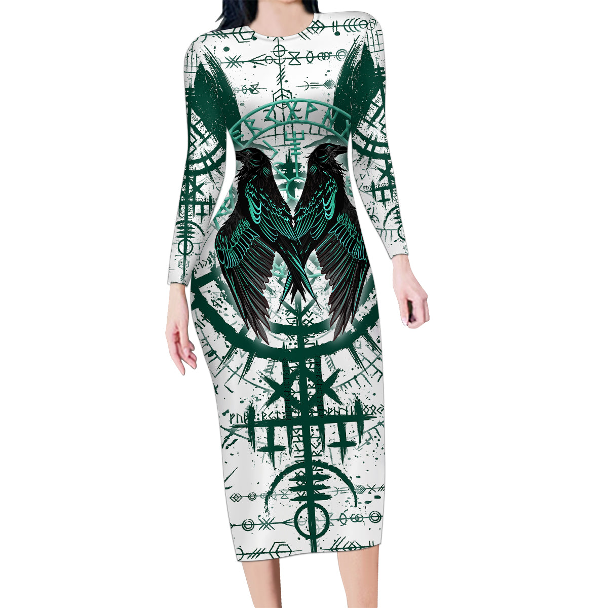 Winged Wisdom Of Viking Family Matching Long Sleeve Bodycon Dress and Hawaiian Shirt Hugin, Munin, and the Vegvisir - Wonder Print Shop