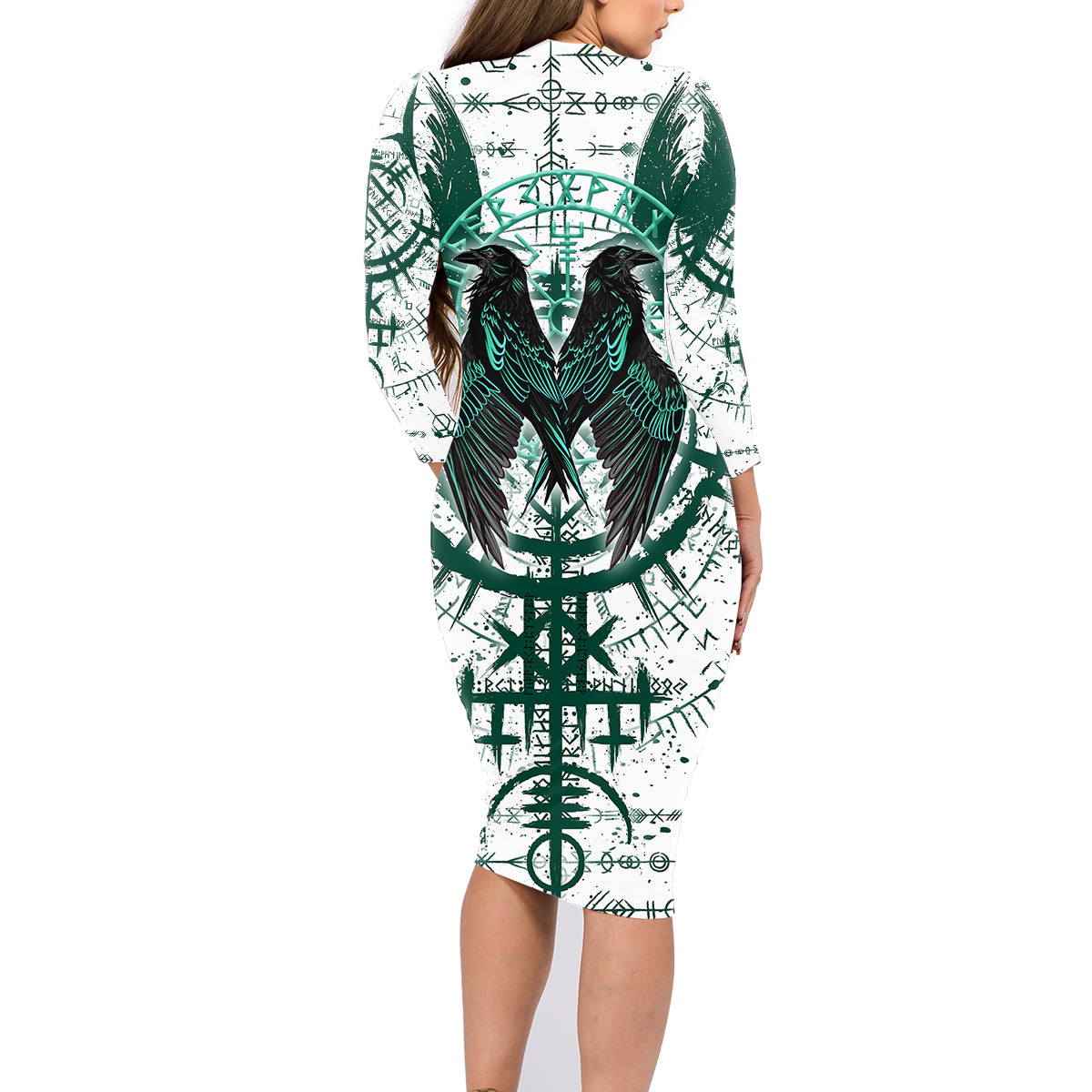 Winged Wisdom Of Viking Family Matching Long Sleeve Bodycon Dress and Hawaiian Shirt Hugin, Munin, and the Vegvisir - Wonder Print Shop