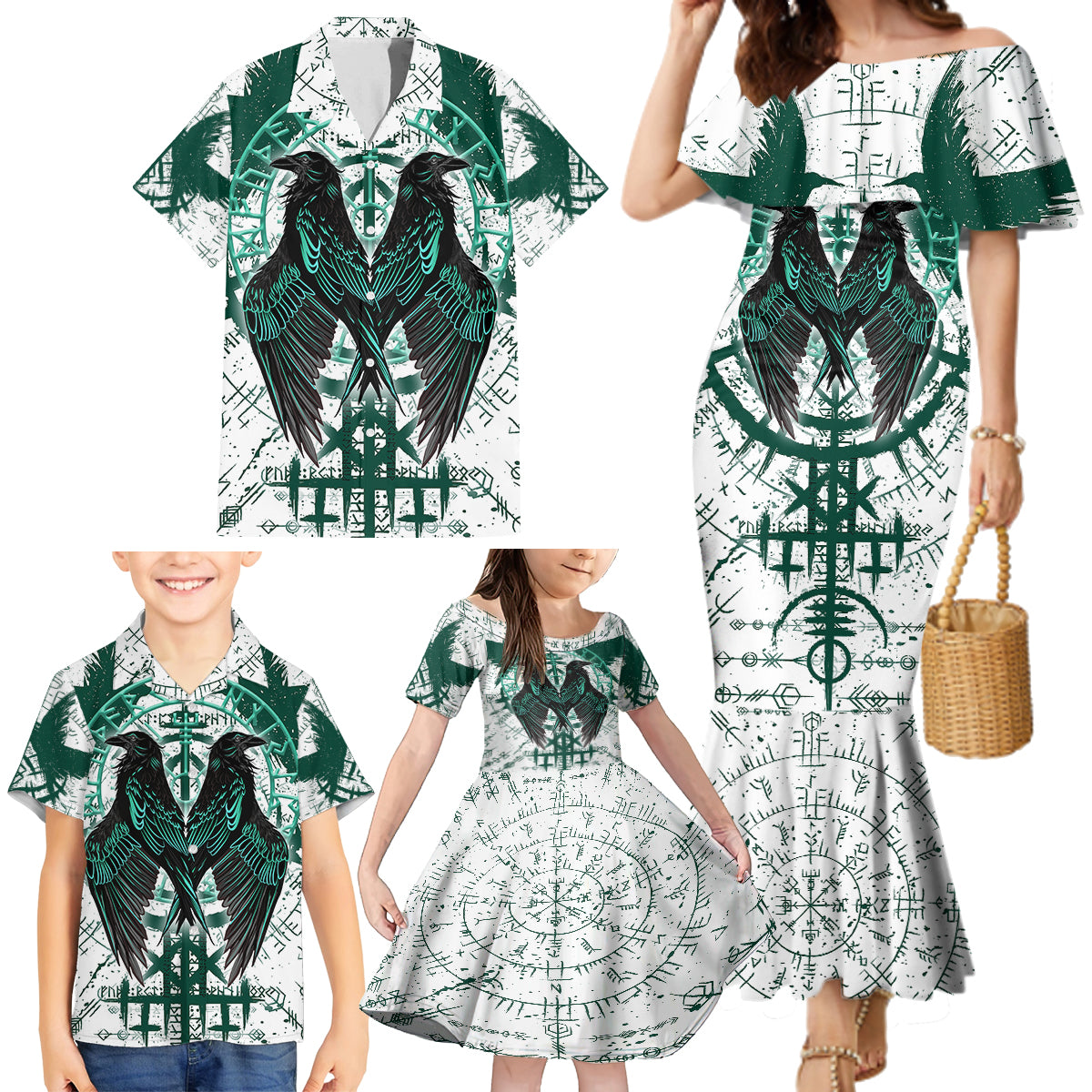 Winged Wisdom Of Viking Family Matching Mermaid Dress and Hawaiian Shirt Hugin, Munin, and the Vegvisir - Wonder Print Shop