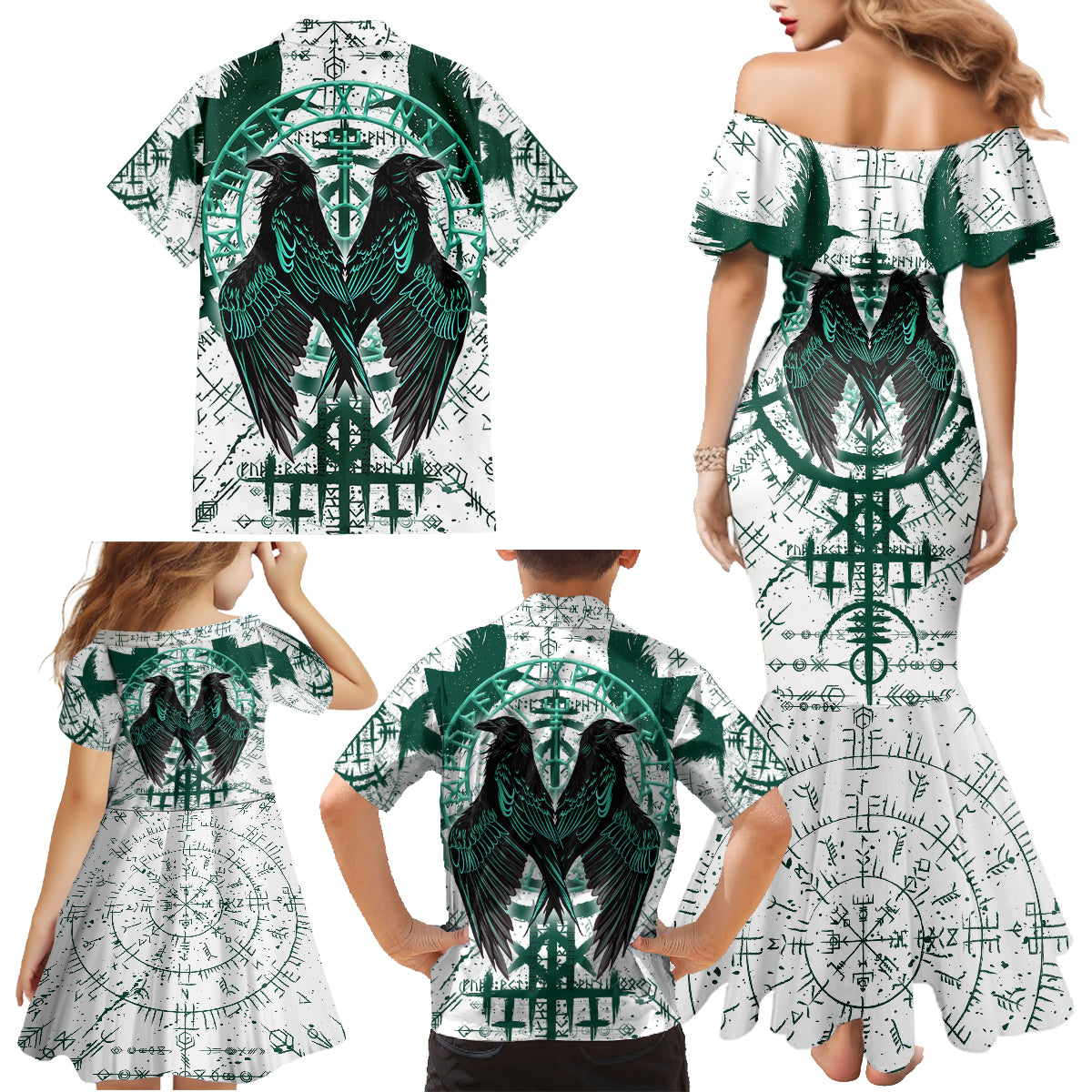 Winged Wisdom Of Viking Family Matching Mermaid Dress and Hawaiian Shirt Hugin, Munin, and the Vegvisir - Wonder Print Shop