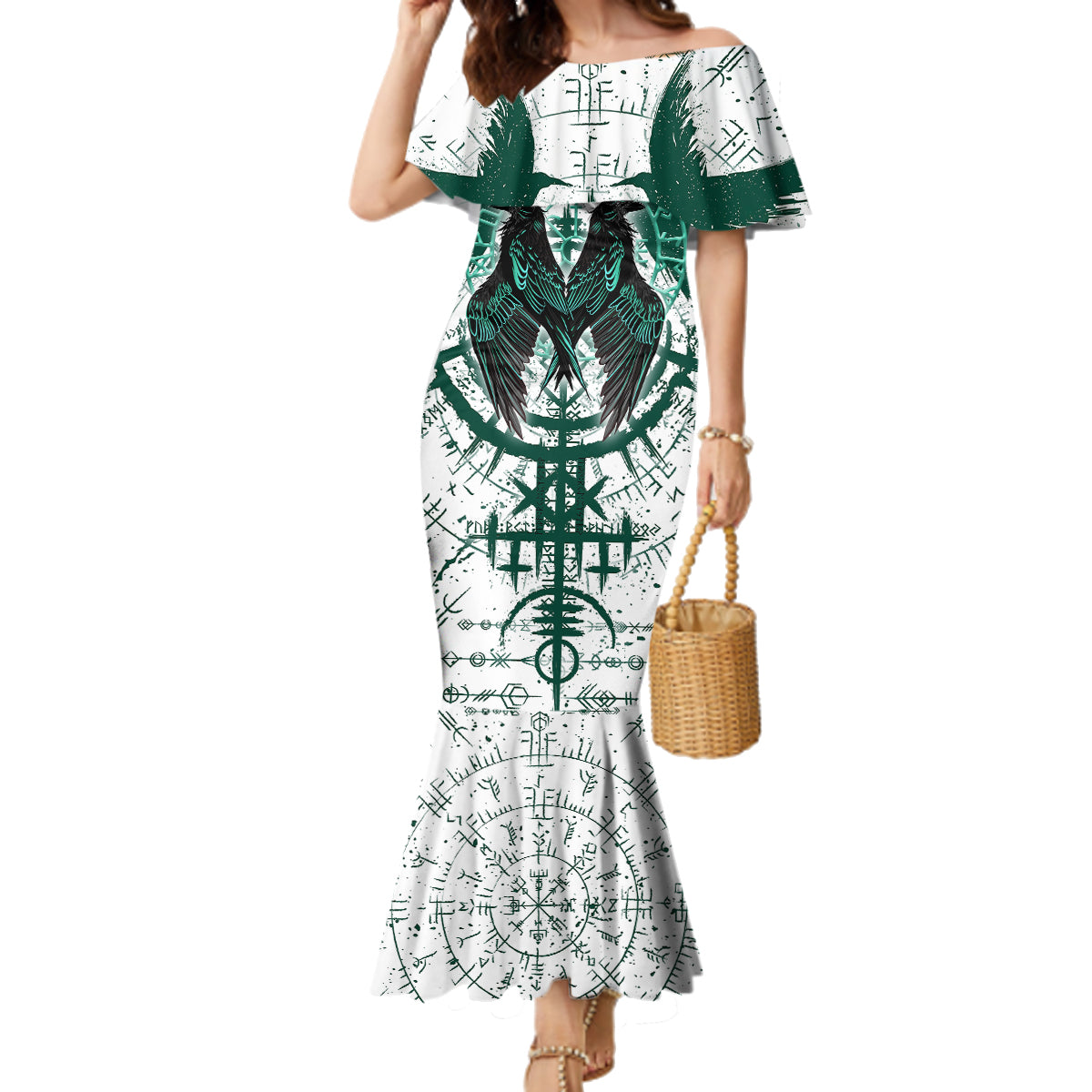 Winged Wisdom Of Viking Family Matching Mermaid Dress and Hawaiian Shirt Hugin, Munin, and the Vegvisir - Wonder Print Shop