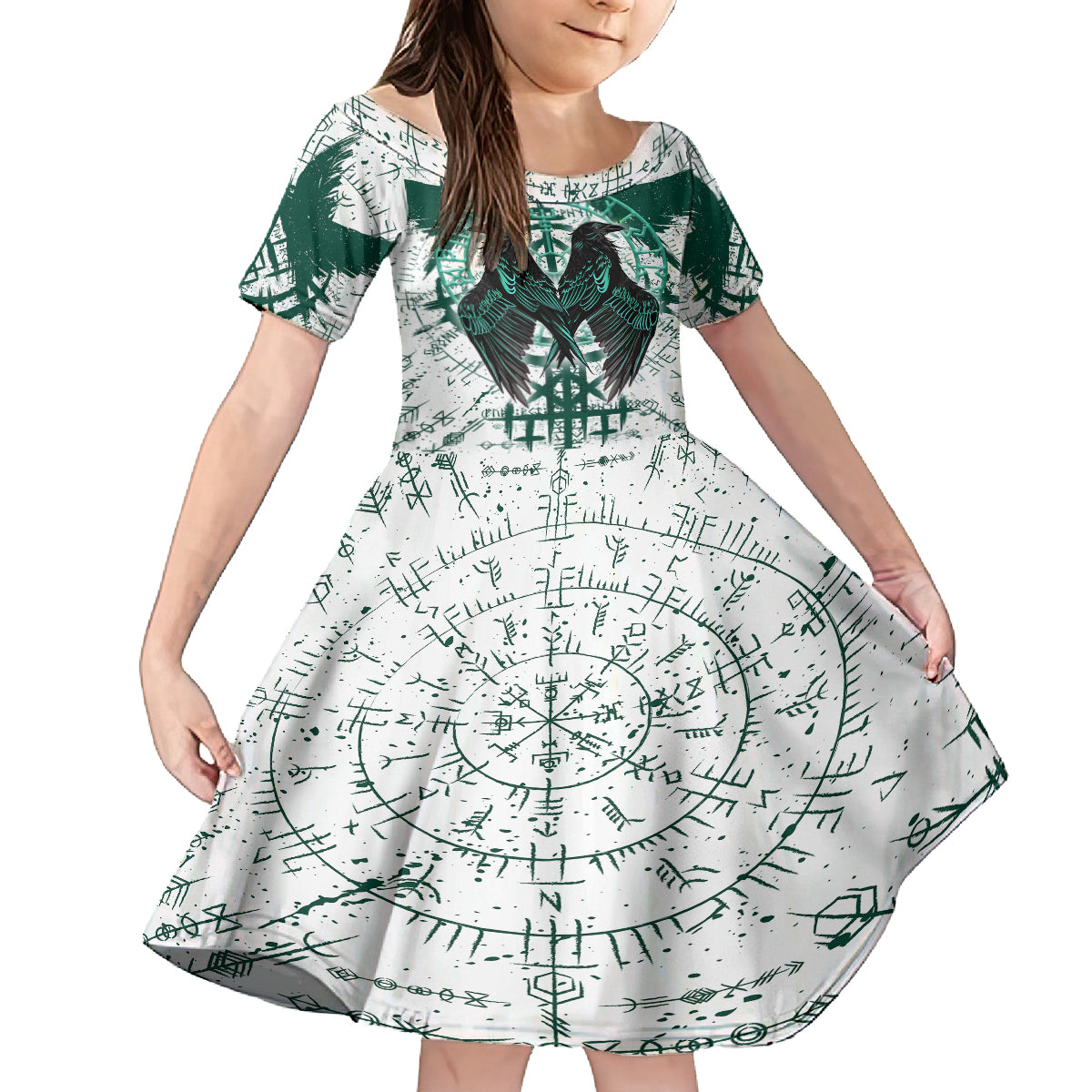 Winged Wisdom Of Viking Family Matching Off Shoulder Long Sleeve Dress and Hawaiian Shirt Hugin, Munin, and the Vegvisir - Wonder Print Shop