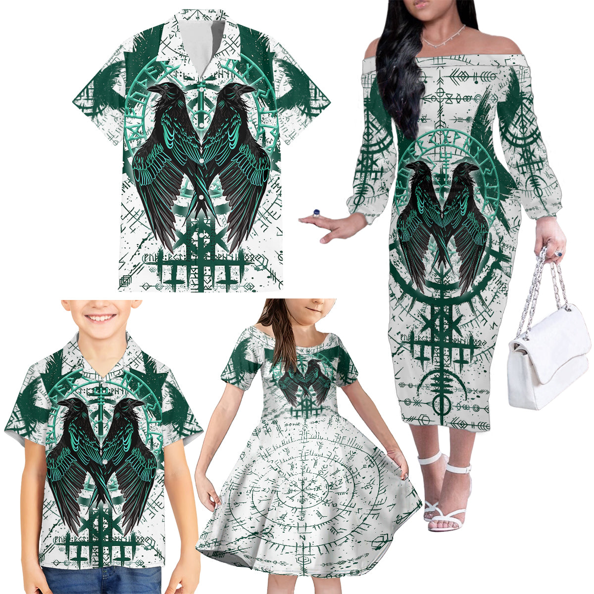 Winged Wisdom Of Viking Family Matching Off Shoulder Long Sleeve Dress and Hawaiian Shirt Hugin, Munin, and the Vegvisir - Wonder Print Shop