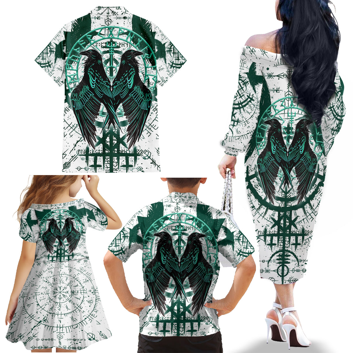 Winged Wisdom Of Viking Family Matching Off Shoulder Long Sleeve Dress and Hawaiian Shirt Hugin, Munin, and the Vegvisir - Wonder Print Shop