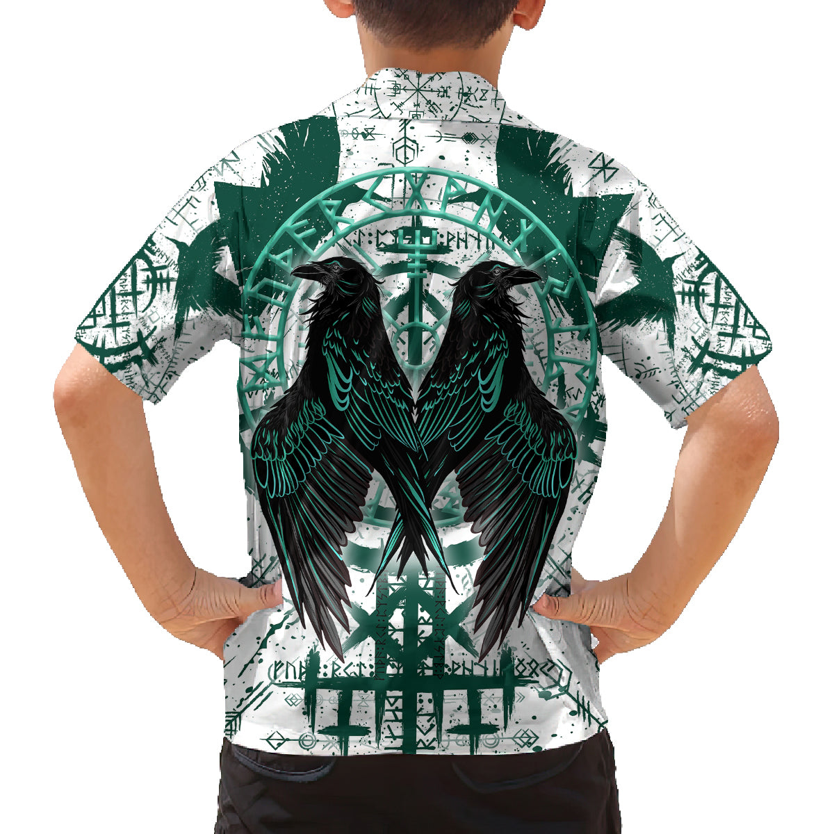 Winged Wisdom Of Viking Family Matching Off Shoulder Maxi Dress and Hawaiian Shirt Hugin, Munin, and the Vegvisir - Wonder Print Shop