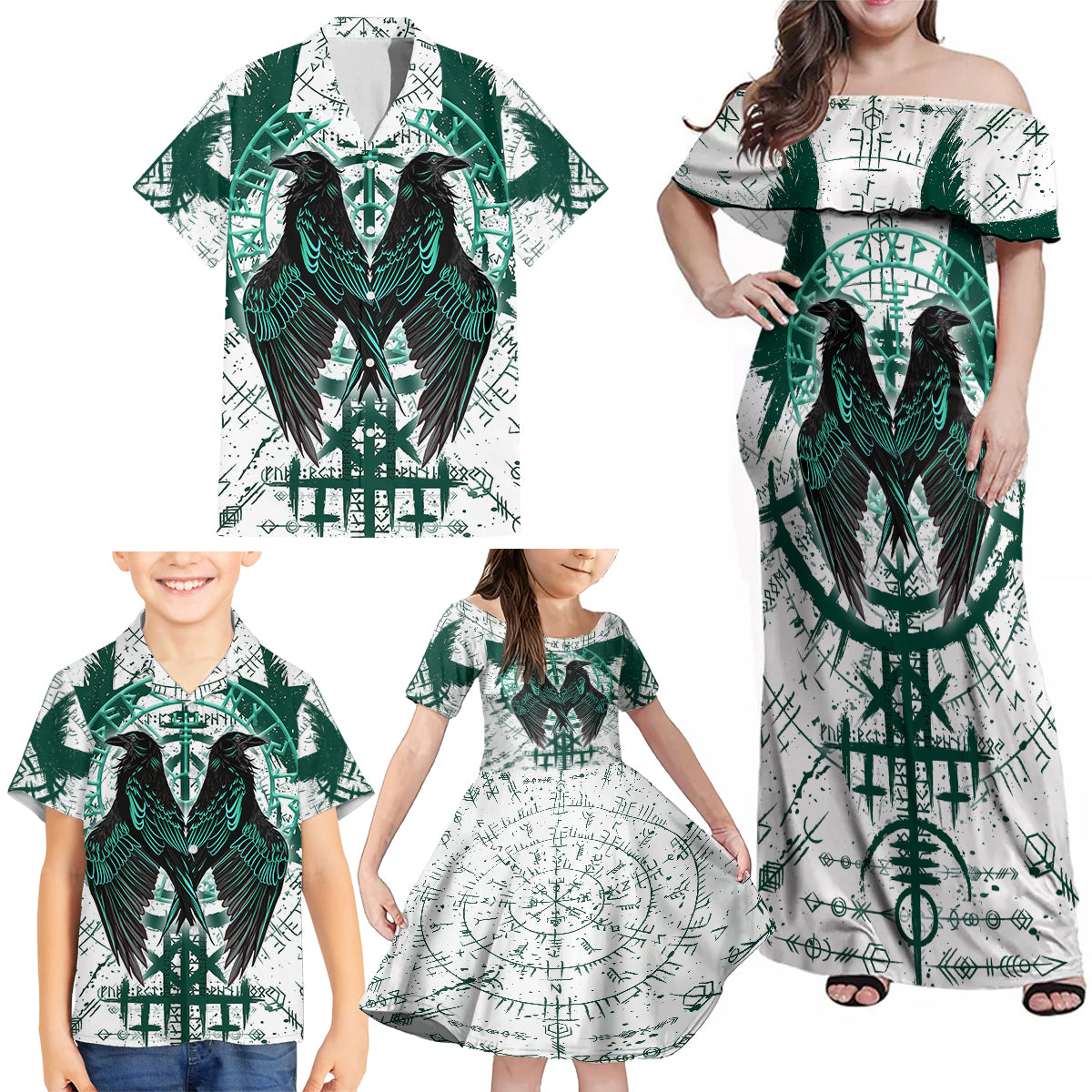 Winged Wisdom Of Viking Family Matching Off Shoulder Maxi Dress and Hawaiian Shirt Hugin, Munin, and the Vegvisir - Wonder Print Shop