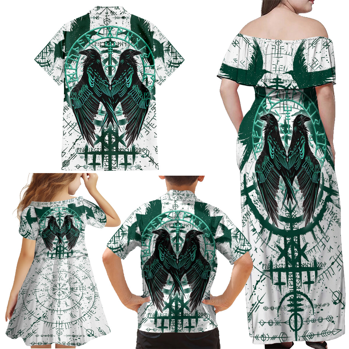 Winged Wisdom Of Viking Family Matching Off Shoulder Maxi Dress and Hawaiian Shirt Hugin, Munin, and the Vegvisir - Wonder Print Shop