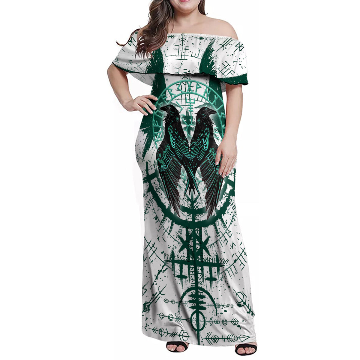 Winged Wisdom Of Viking Family Matching Off Shoulder Maxi Dress and Hawaiian Shirt Hugin, Munin, and the Vegvisir - Wonder Print Shop
