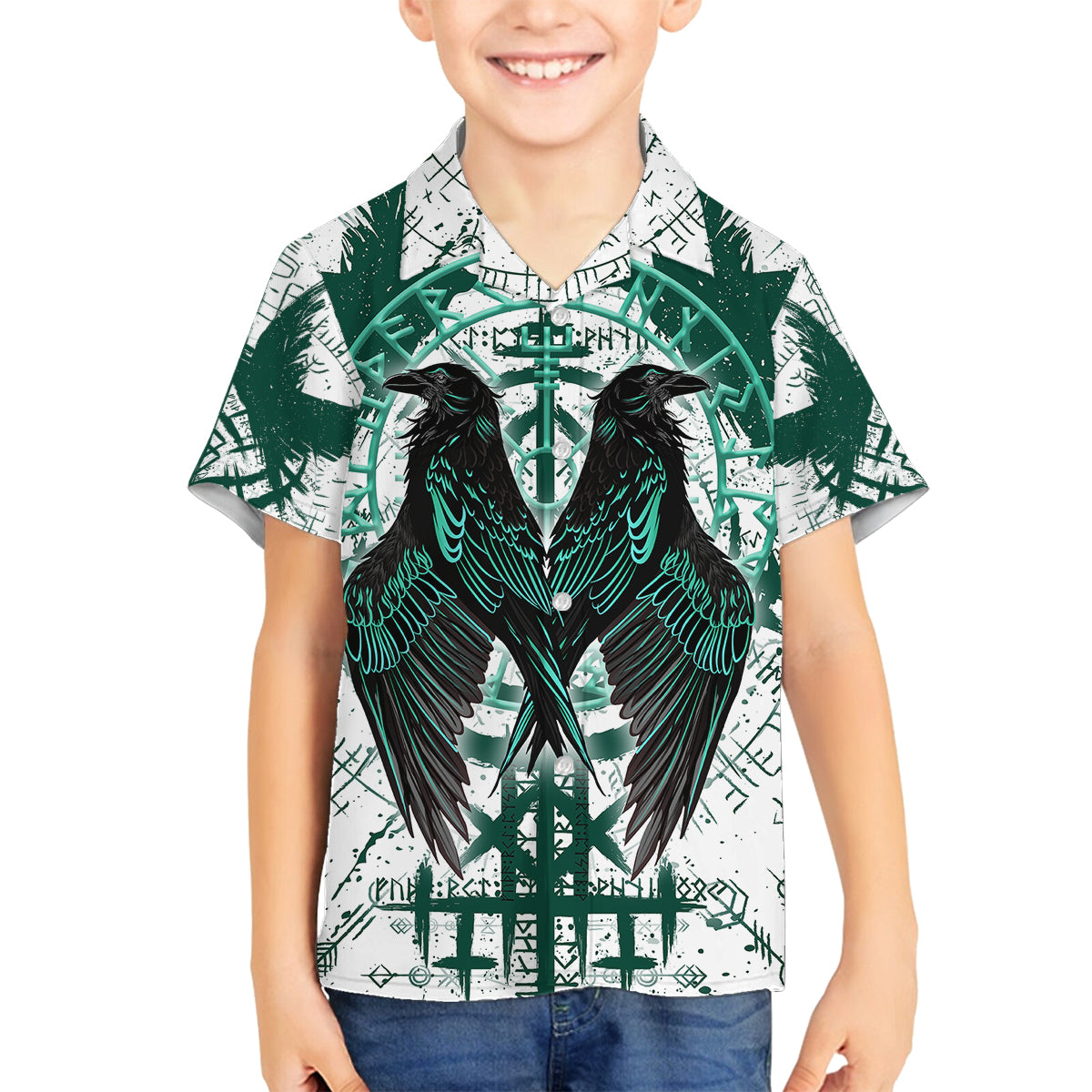 Winged Wisdom Of Viking Family Matching Off Shoulder Maxi Dress and Hawaiian Shirt Hugin, Munin, and the Vegvisir - Wonder Print Shop