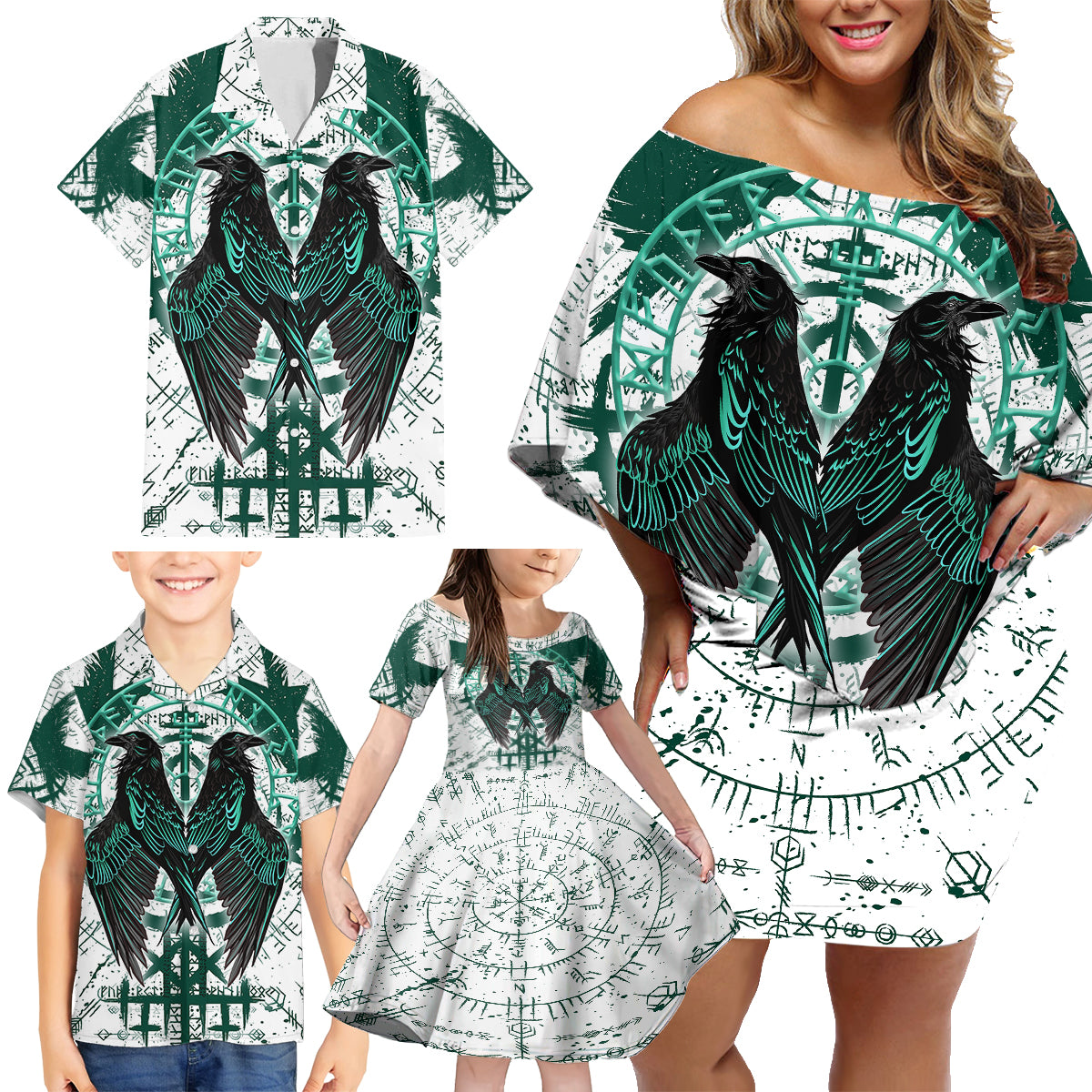 Winged Wisdom Of Viking Family Matching Off Shoulder Short Dress and Hawaiian Shirt Hugin, Munin, and the Vegvisir - Wonder Print Shop