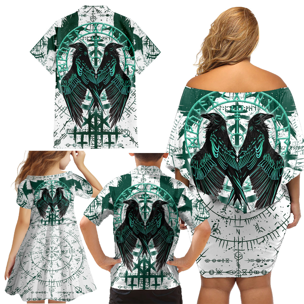 Winged Wisdom Of Viking Family Matching Off Shoulder Short Dress and Hawaiian Shirt Hugin, Munin, and the Vegvisir - Wonder Print Shop
