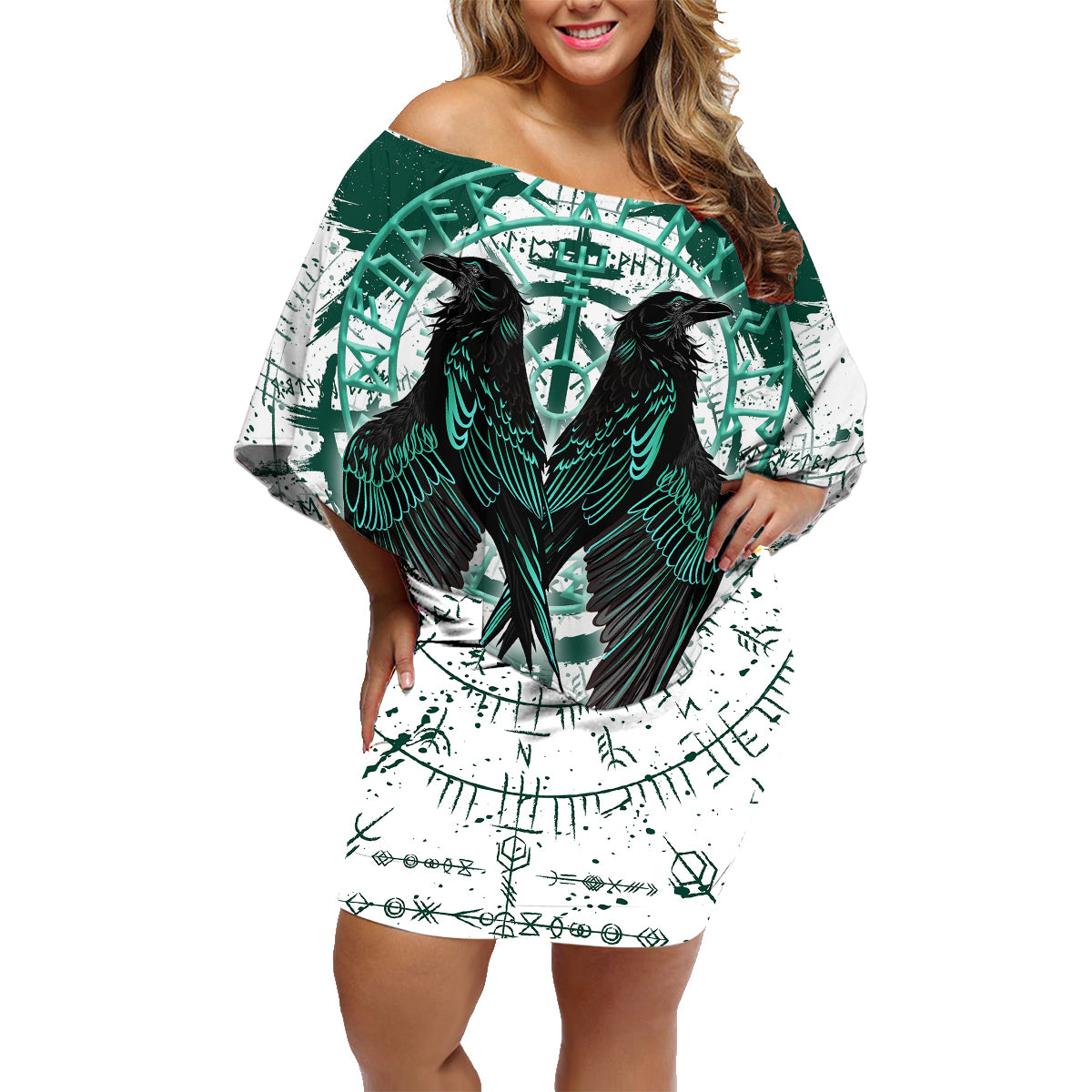 Winged Wisdom Of Viking Family Matching Off Shoulder Short Dress and Hawaiian Shirt Hugin, Munin, and the Vegvisir - Wonder Print Shop