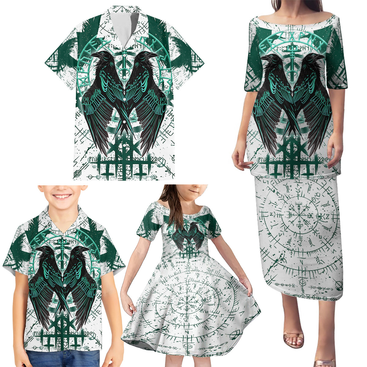 Winged Wisdom Of Viking Family Matching Puletasi Dress and Hawaiian Shirt Hugin, Munin, and the Vegvisir - Wonder Print Shop