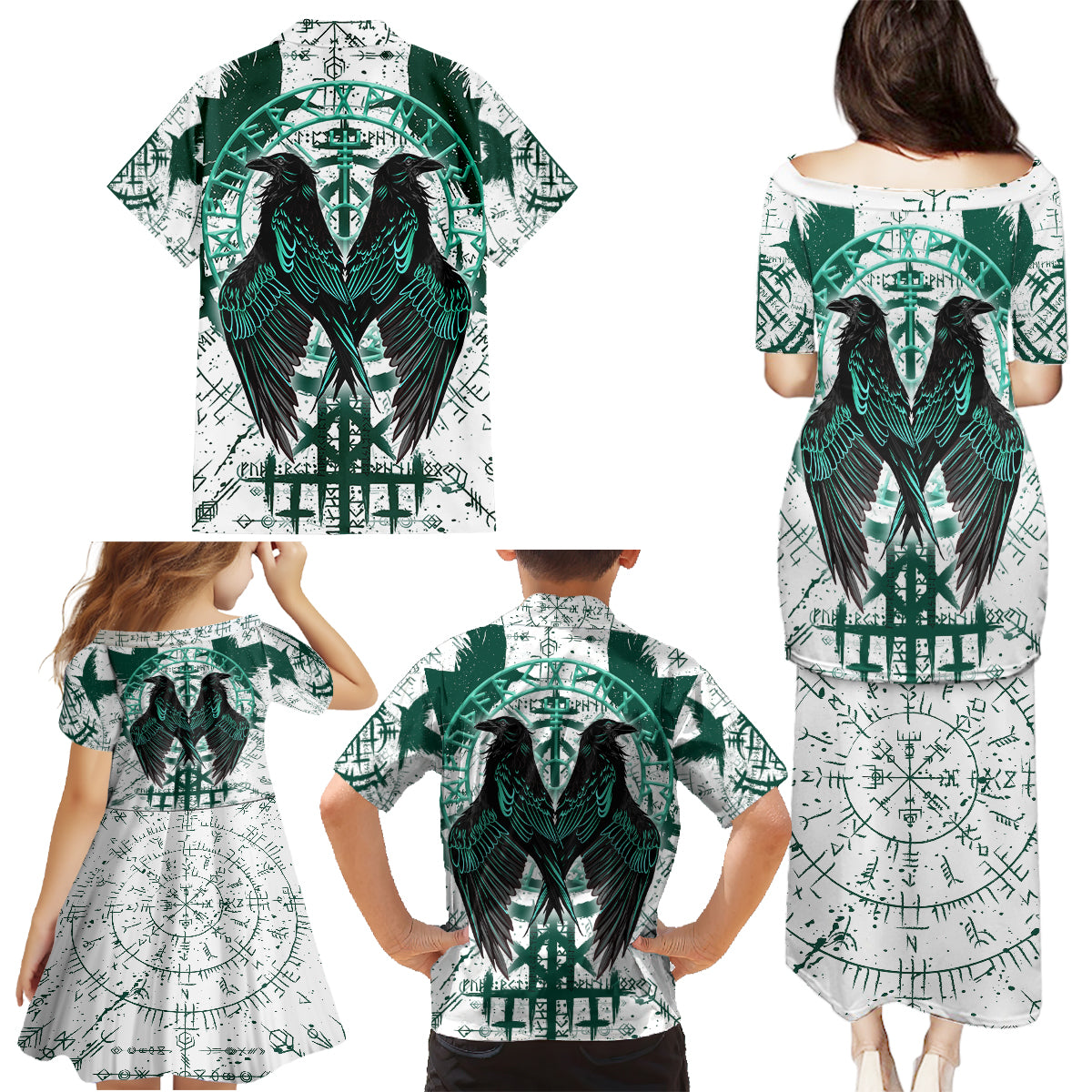 Winged Wisdom Of Viking Family Matching Puletasi Dress and Hawaiian Shirt Hugin, Munin, and the Vegvisir - Wonder Print Shop