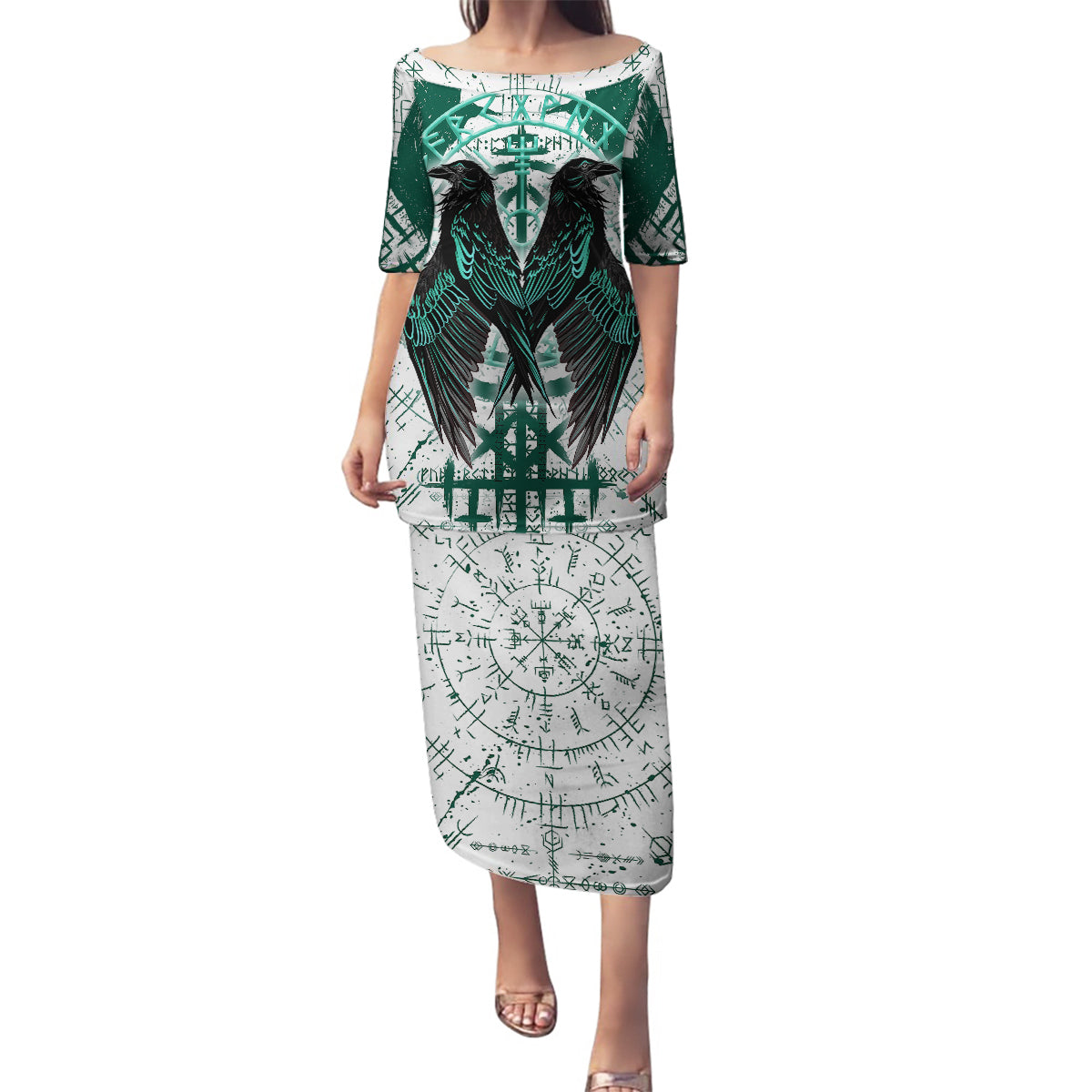 Winged Wisdom Of Viking Family Matching Puletasi Dress and Hawaiian Shirt Hugin, Munin, and the Vegvisir - Wonder Print Shop
