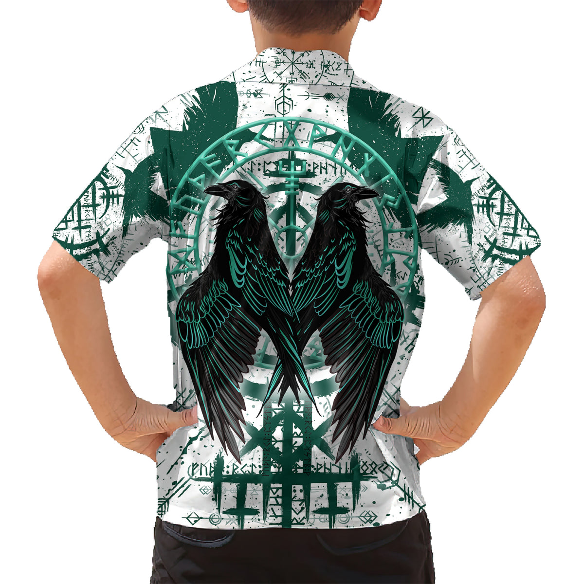 Winged Wisdom Of Viking Family Matching Short Sleeve Bodycon Dress and Hawaiian Shirt Hugin, Munin, and the Vegvisir - Wonder Print Shop