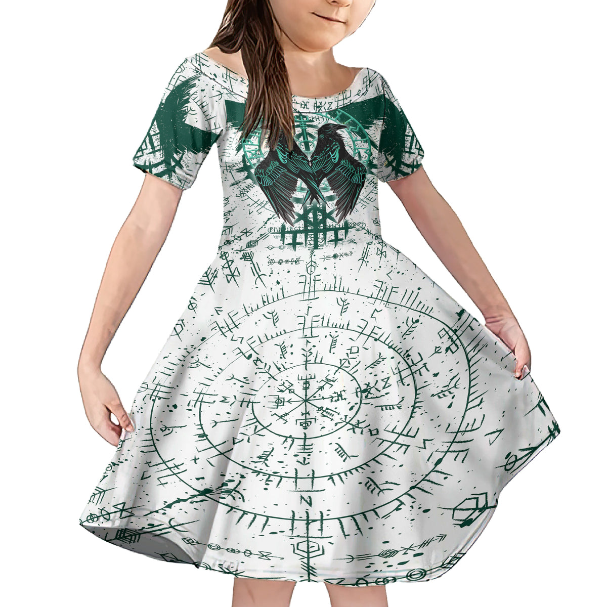 Winged Wisdom Of Viking Family Matching Short Sleeve Bodycon Dress and Hawaiian Shirt Hugin, Munin, and the Vegvisir - Wonder Print Shop