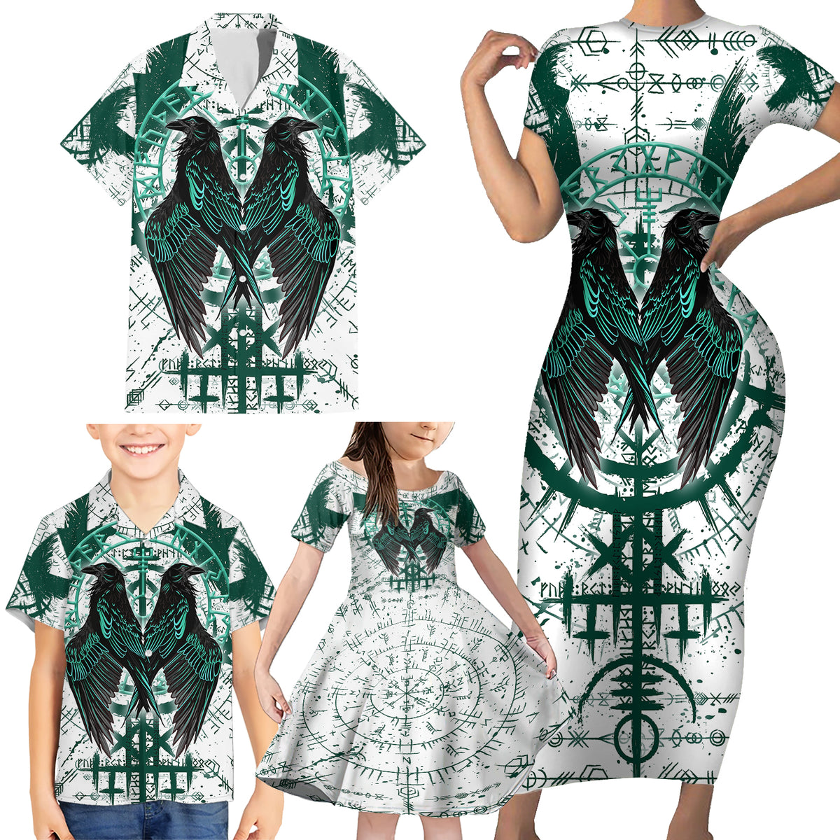 Winged Wisdom Of Viking Family Matching Short Sleeve Bodycon Dress and Hawaiian Shirt Hugin, Munin, and the Vegvisir - Wonder Print Shop