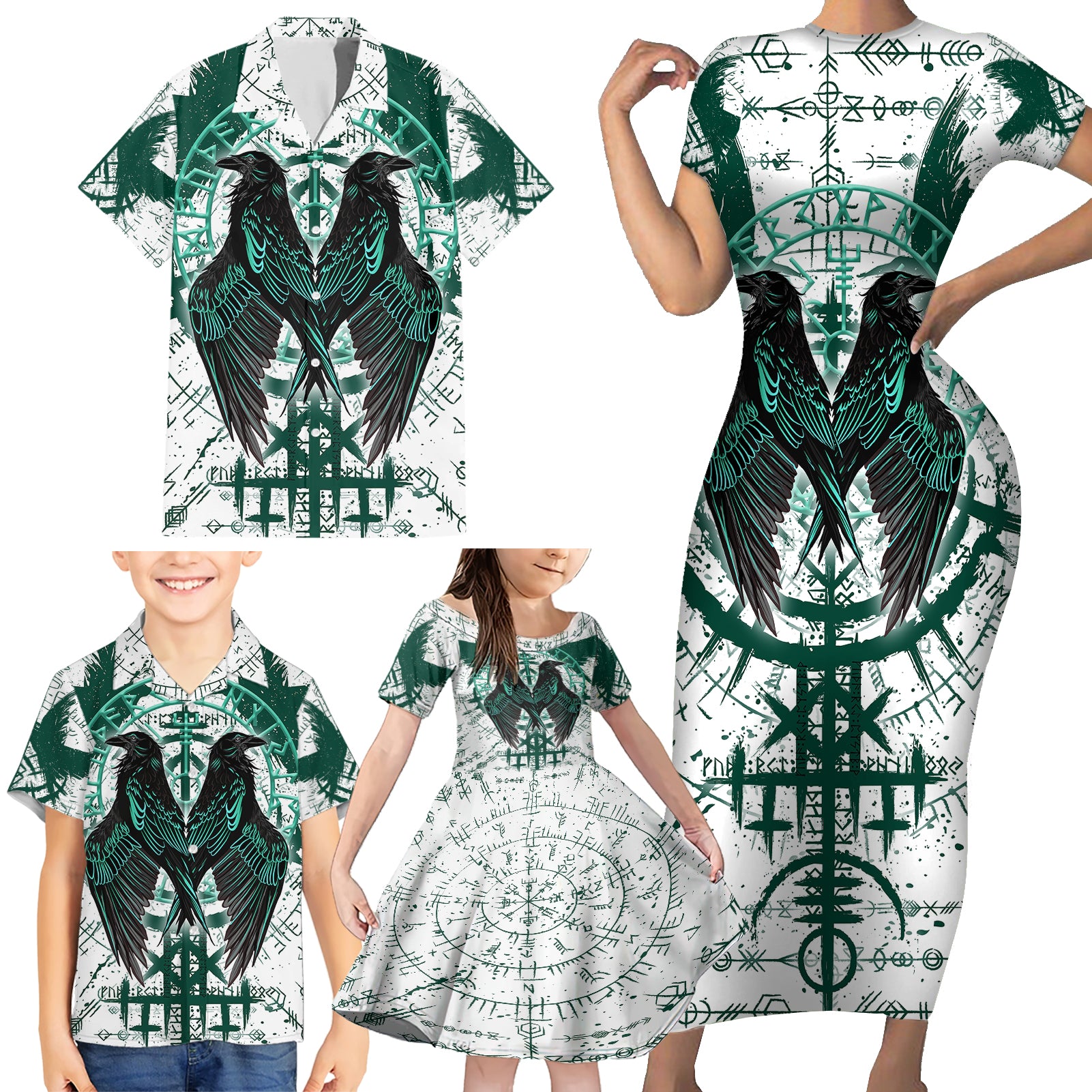 Winged Wisdom Of Viking Family Matching Short Sleeve Bodycon Dress and Hawaiian Shirt Hugin, Munin, and the Vegvisir - Wonder Print Shop