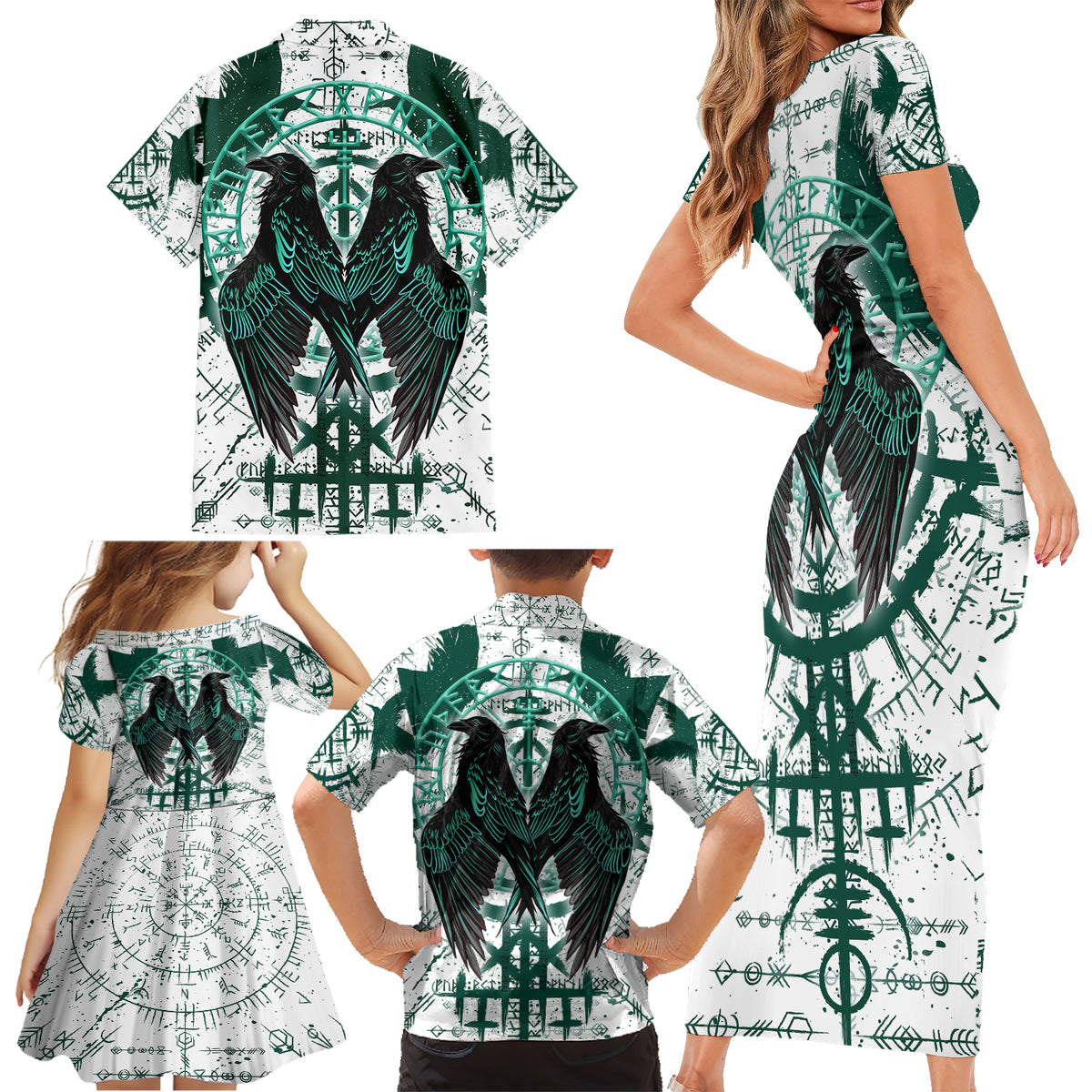 Winged Wisdom Of Viking Family Matching Short Sleeve Bodycon Dress and Hawaiian Shirt Hugin, Munin, and the Vegvisir - Wonder Print Shop