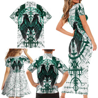 Winged Wisdom Of Viking Family Matching Short Sleeve Bodycon Dress and Hawaiian Shirt Hugin, Munin, and the Vegvisir - Wonder Print Shop