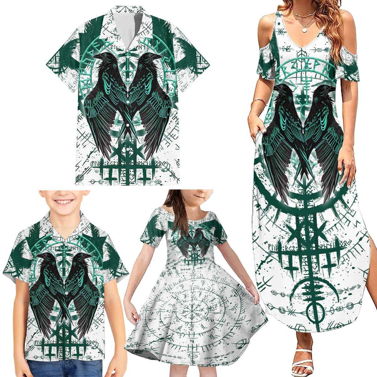Winged Wisdom Of Viking Family Matching Summer Maxi Dress and Hawaiian Shirt Hugin, Munin, and the Vegvisir - Wonder Print Shop