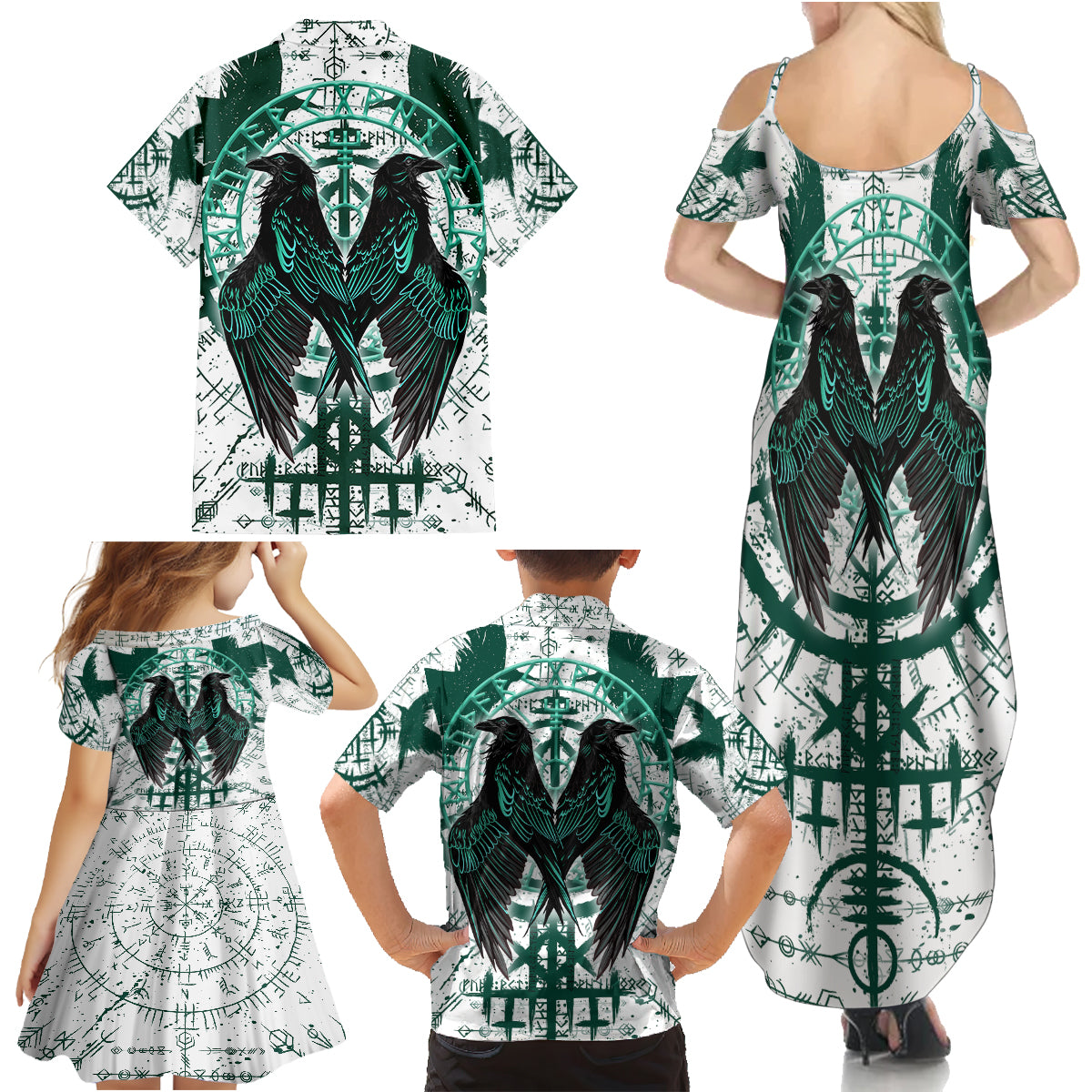Winged Wisdom Of Viking Family Matching Summer Maxi Dress and Hawaiian Shirt Hugin, Munin, and the Vegvisir - Wonder Print Shop
