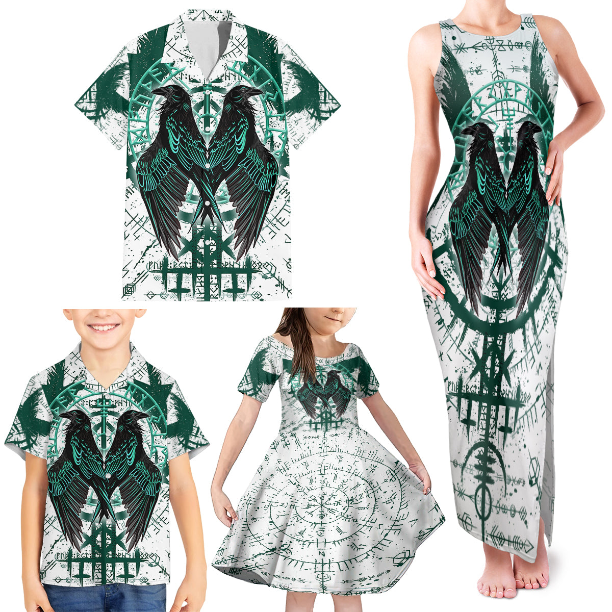 Winged Wisdom Of Viking Family Matching Tank Maxi Dress and Hawaiian Shirt Hugin, Munin, and the Vegvisir - Wonder Print Shop