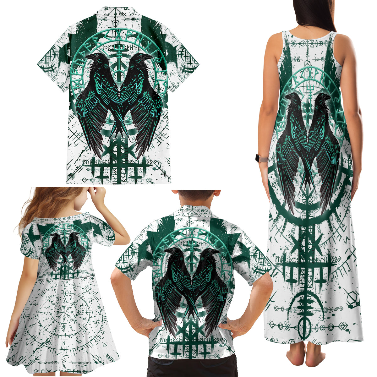 Winged Wisdom Of Viking Family Matching Tank Maxi Dress and Hawaiian Shirt Hugin, Munin, and the Vegvisir - Wonder Print Shop