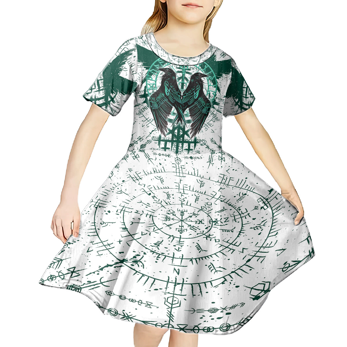 Winged Wisdom Of Viking Kid Short Sleeve Dress Hugin, Munin, and the Vegvisir - Wonder Print Shop