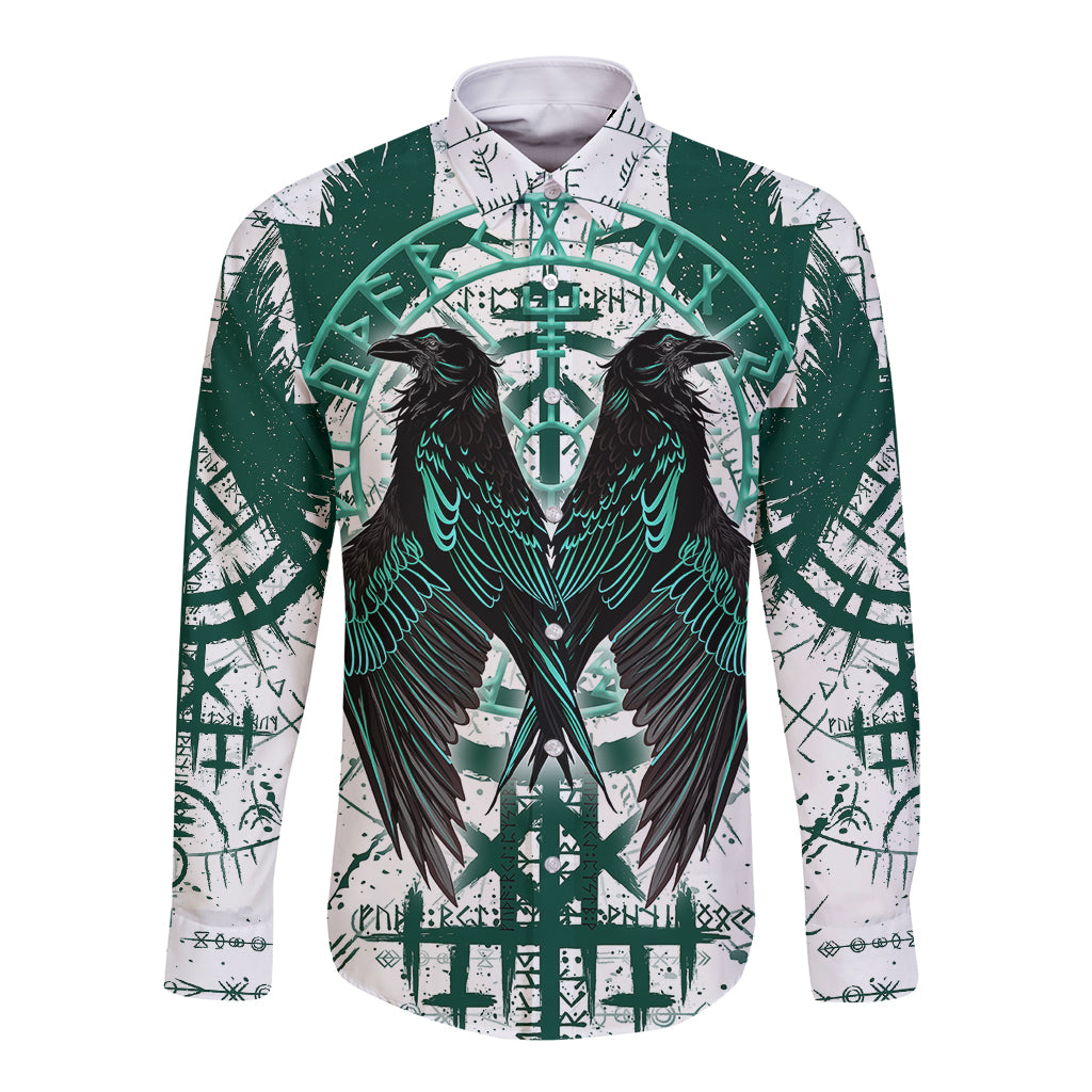 Winged Wisdom Of Viking Long Sleeve Button Shirt Hugin, Munin, and the Vegvisir - Wonder Print Shop