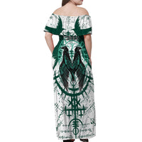 Winged Wisdom Of Viking Off Shoulder Maxi Dress Hugin, Munin, and the Vegvisir - Wonder Print Shop