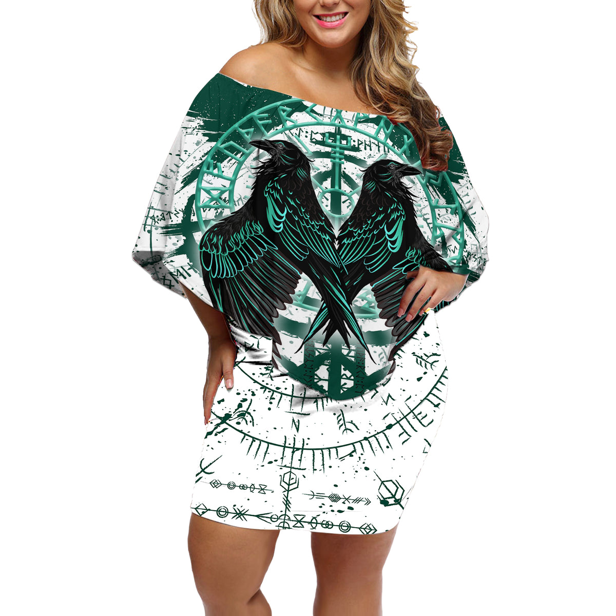Winged Wisdom Of Viking Off Shoulder Short Dress Hugin, Munin, and the Vegvisir - Wonder Print Shop