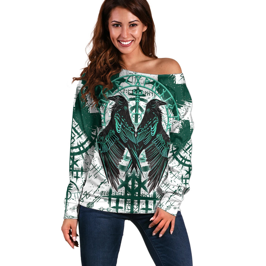 Winged Wisdom Of Viking Off Shoulder Sweater Hugin, Munin, and the Vegvisir - Wonder Print Shop