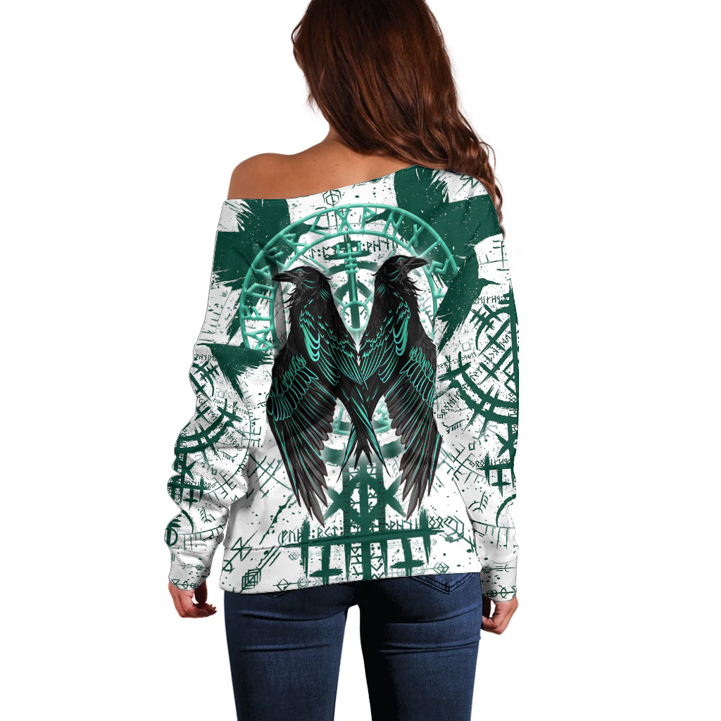 Winged Wisdom Of Viking Off Shoulder Sweater Hugin, Munin, and the Vegvisir - Wonder Print Shop