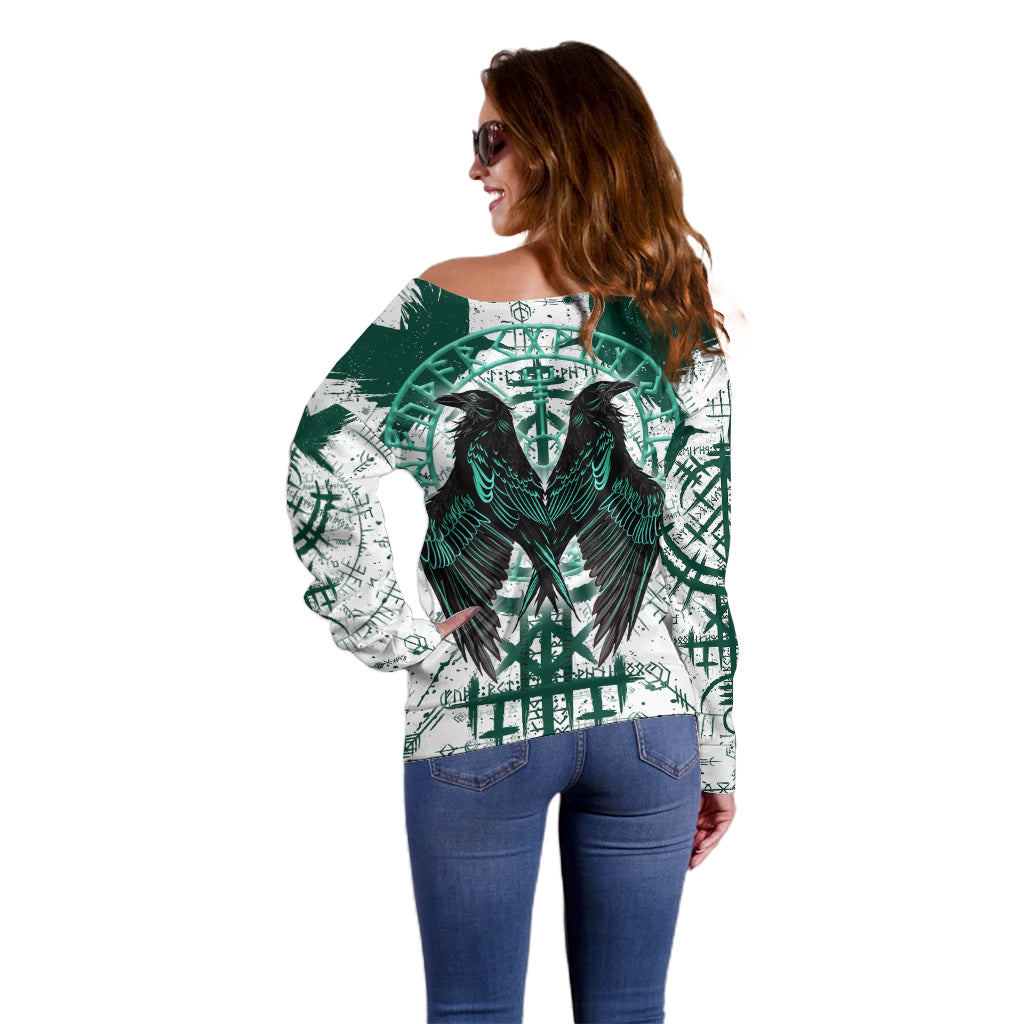 Winged Wisdom Of Viking Off Shoulder Sweater Hugin, Munin, and the Vegvisir - Wonder Print Shop