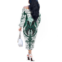 Winged Wisdom Of Viking Off The Shoulder Long Sleeve Dress Hugin, Munin, and the Vegvisir - Wonder Print Shop