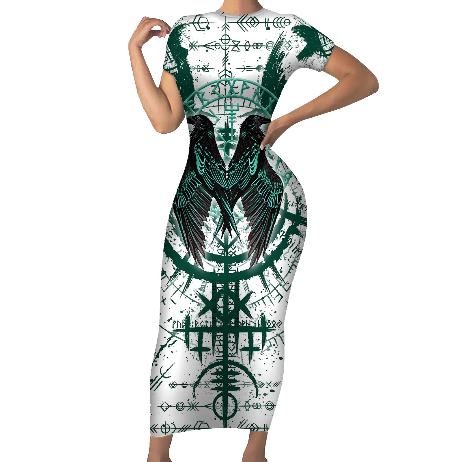 Winged Wisdom Of Viking Short Sleeve Bodycon Dress Hugin, Munin, and the Vegvisir - Wonder Print Shop