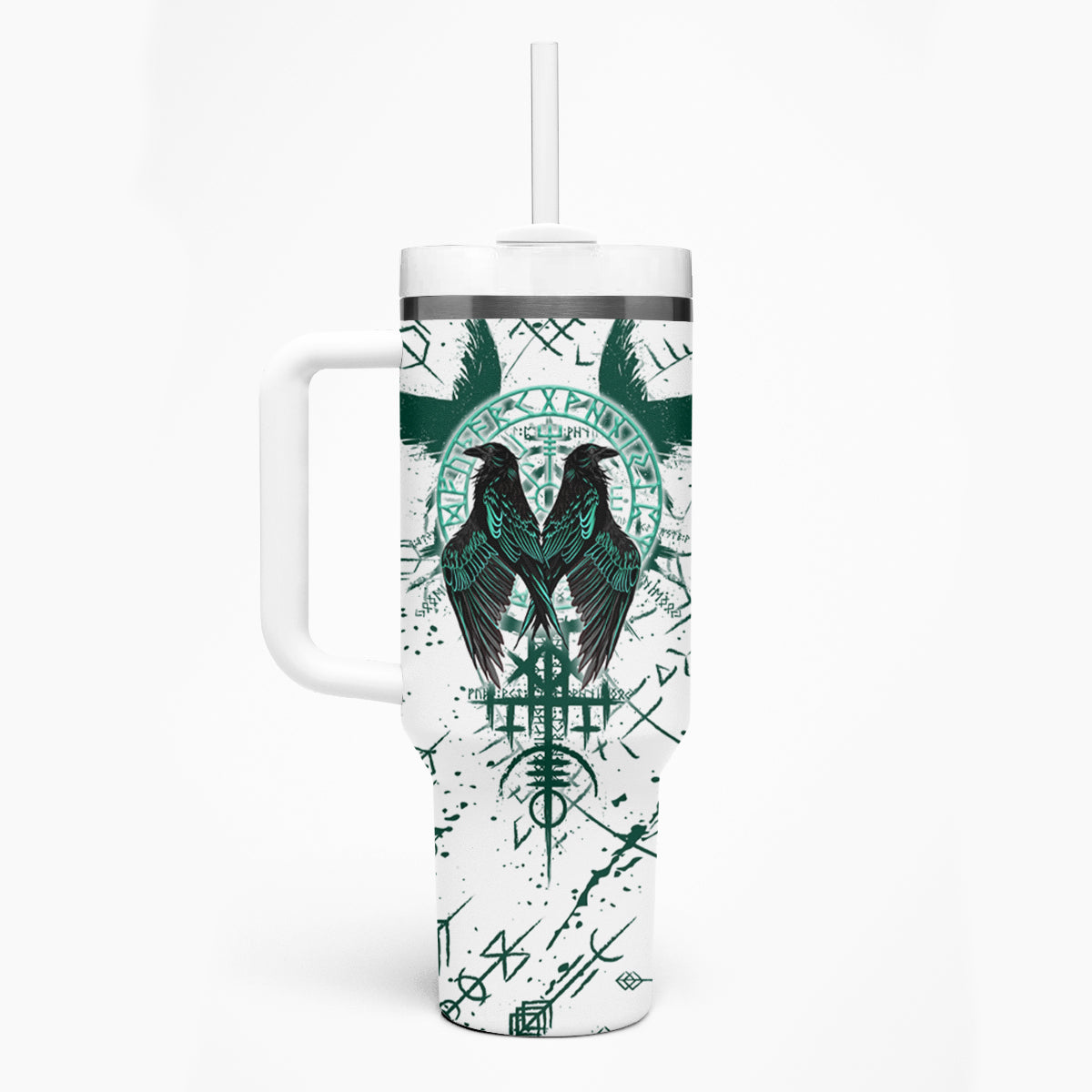 Winged Wisdom Of Viking Tumbler With Handle Hugin, Munin, and the Vegvisir - Wonder Print Shop