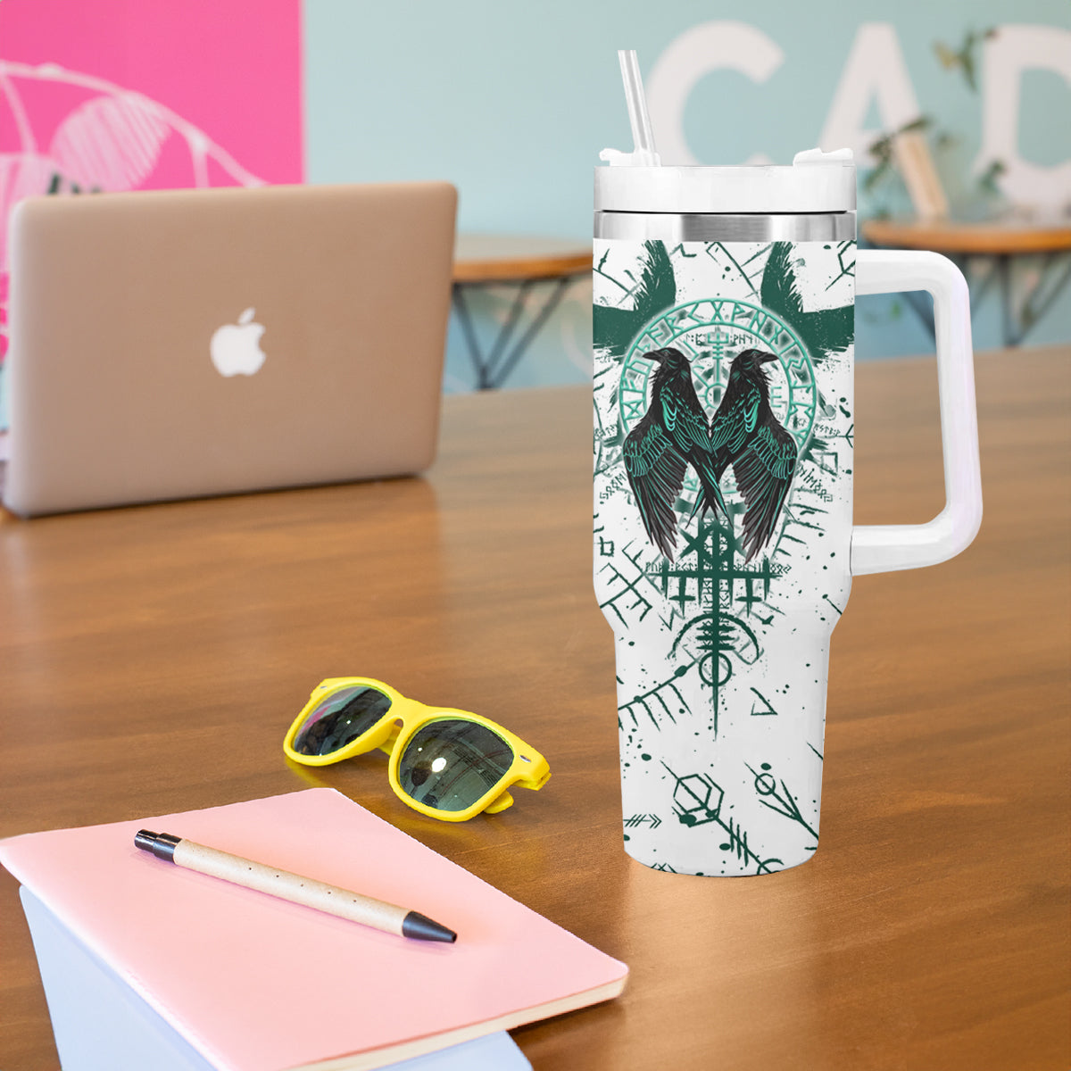 Winged Wisdom Of Viking Tumbler With Handle Hugin, Munin, and the Vegvisir - Wonder Print Shop