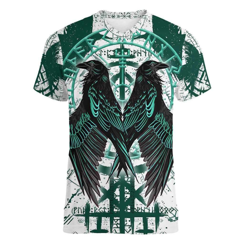 Winged Wisdom Of Viking Women V Neck T Shirt Hugin, Munin, and the Vegvisir - Wonder Print Shop