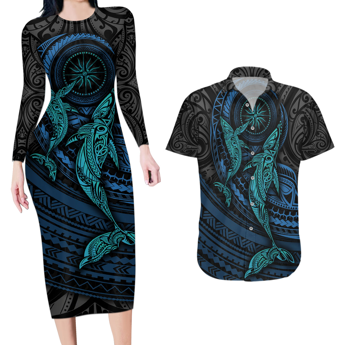 Polynesian Whale Couples Matching Long Sleeve Bodycon Dress and Hawaiian Shirt - Wonder Print Shop