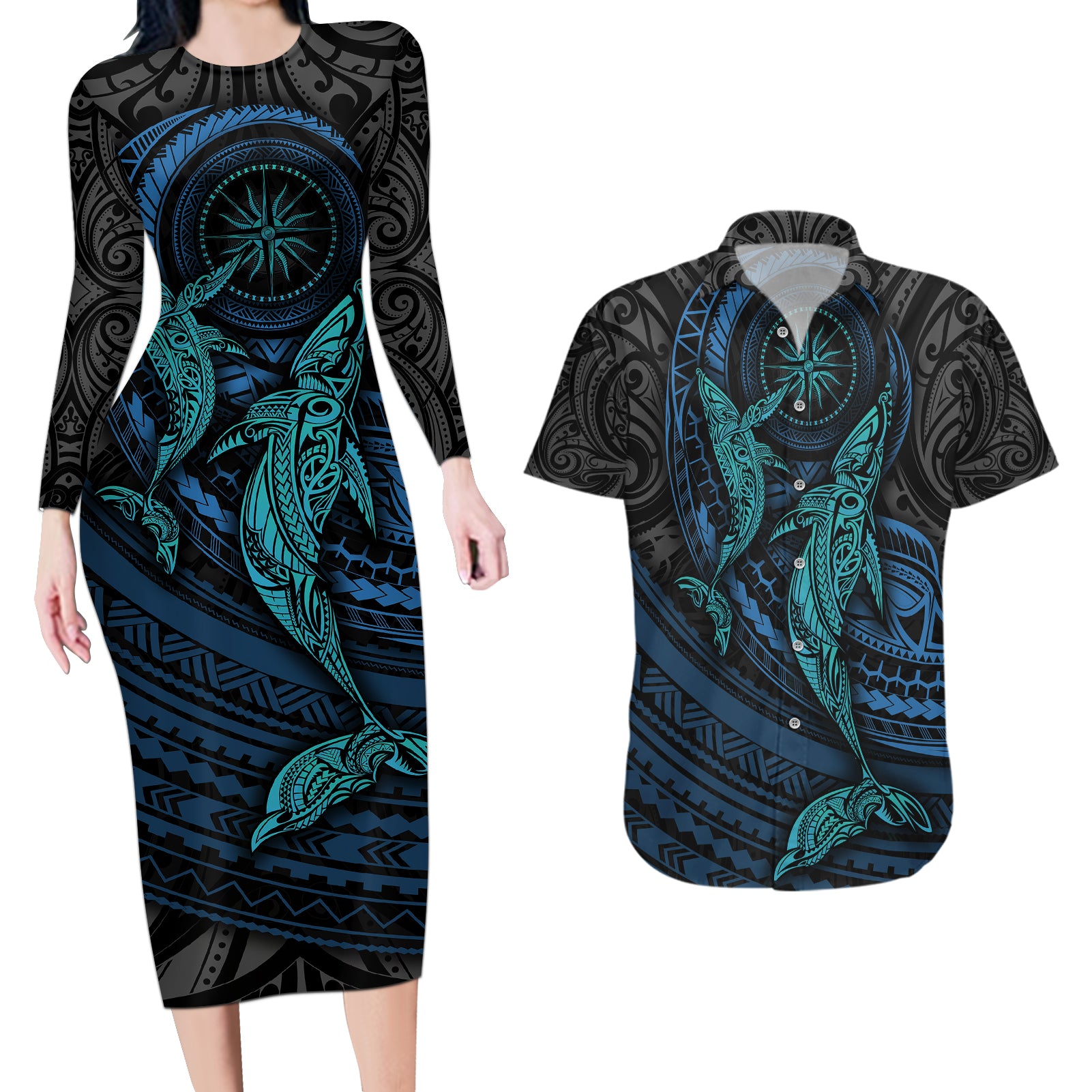 Polynesian Whale Couples Matching Long Sleeve Bodycon Dress and Hawaiian Shirt - Wonder Print Shop