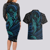 Polynesian Whale Couples Matching Long Sleeve Bodycon Dress and Hawaiian Shirt - Wonder Print Shop