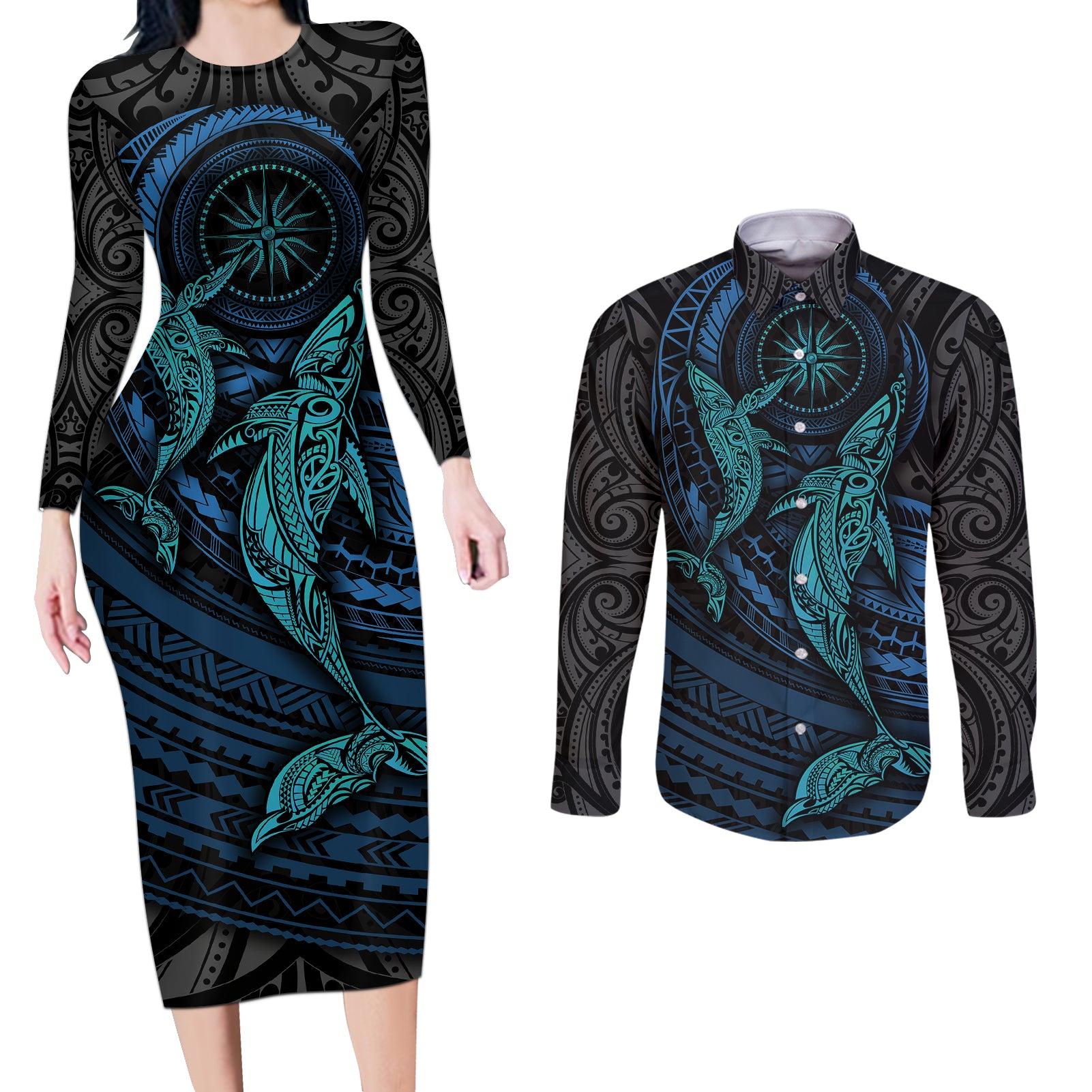 Polynesian Whale Couples Matching Long Sleeve Bodycon Dress and Long Sleeve Button Shirts - Wonder Print Shop