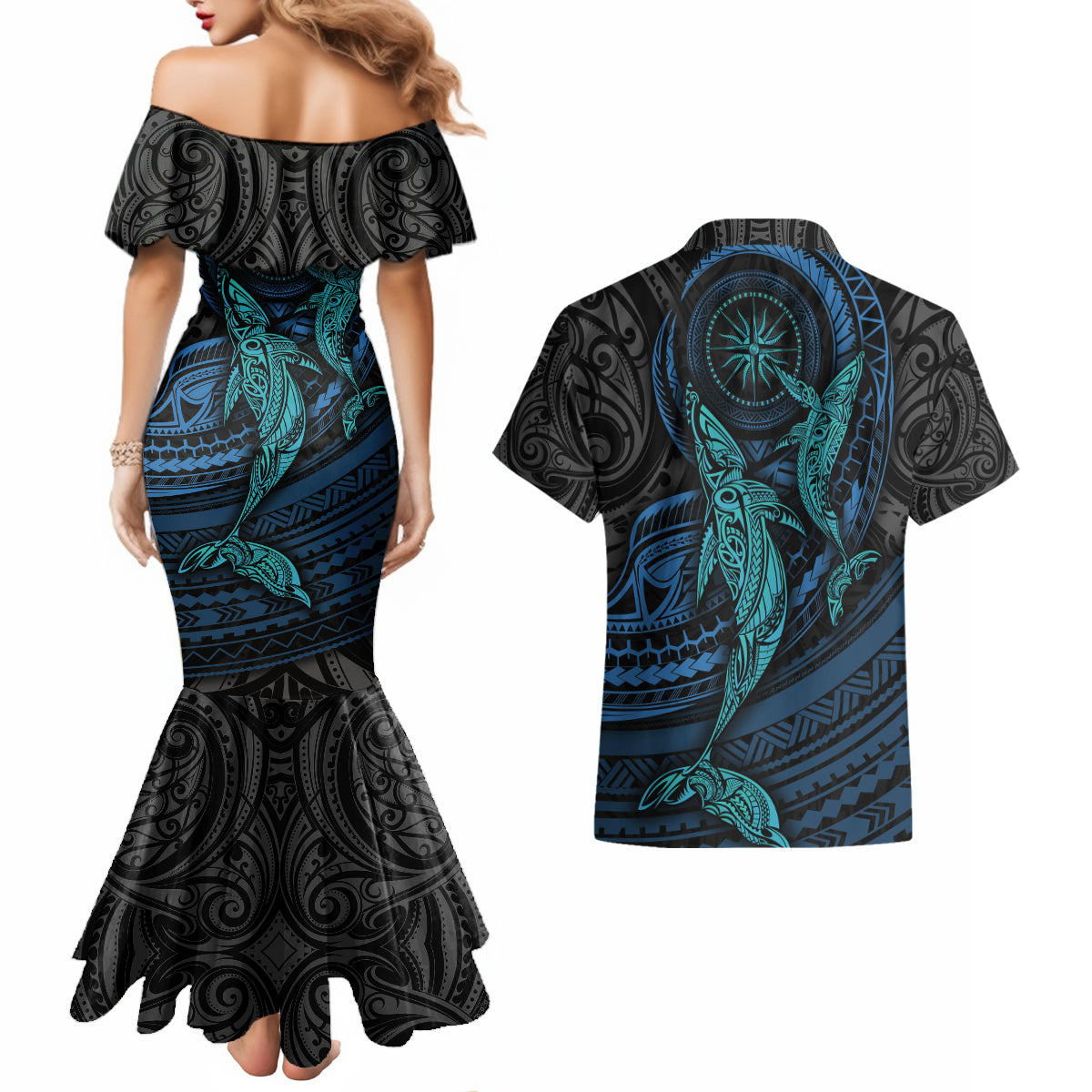 Polynesian Whale Couples Matching Mermaid Dress and Hawaiian Shirt - Wonder Print Shop