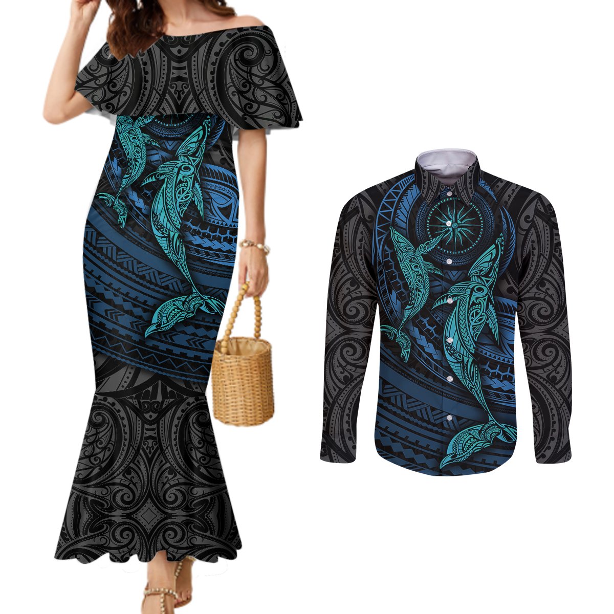 polynesian-whale-couples-matching-mermaid-dress-and-long-sleeve-button-shirts