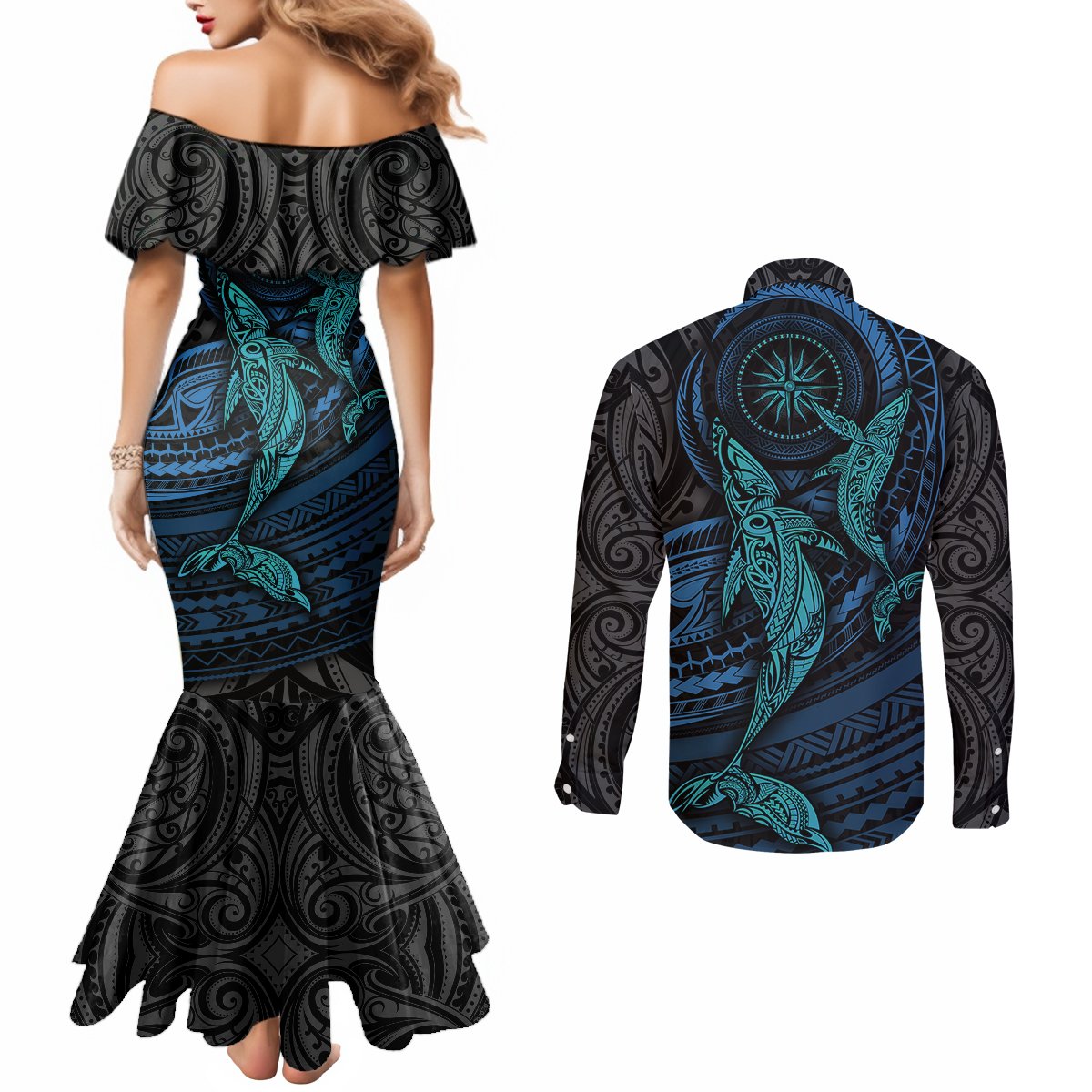 polynesian-whale-couples-matching-mermaid-dress-and-long-sleeve-button-shirts