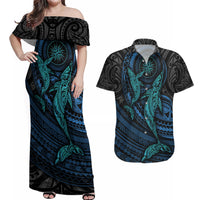 Polynesian Whale Couples Matching Off Shoulder Maxi Dress and Hawaiian Shirt - Wonder Print Shop